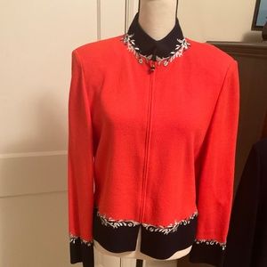 St. John Size 10 orange and navy  knit jacket.